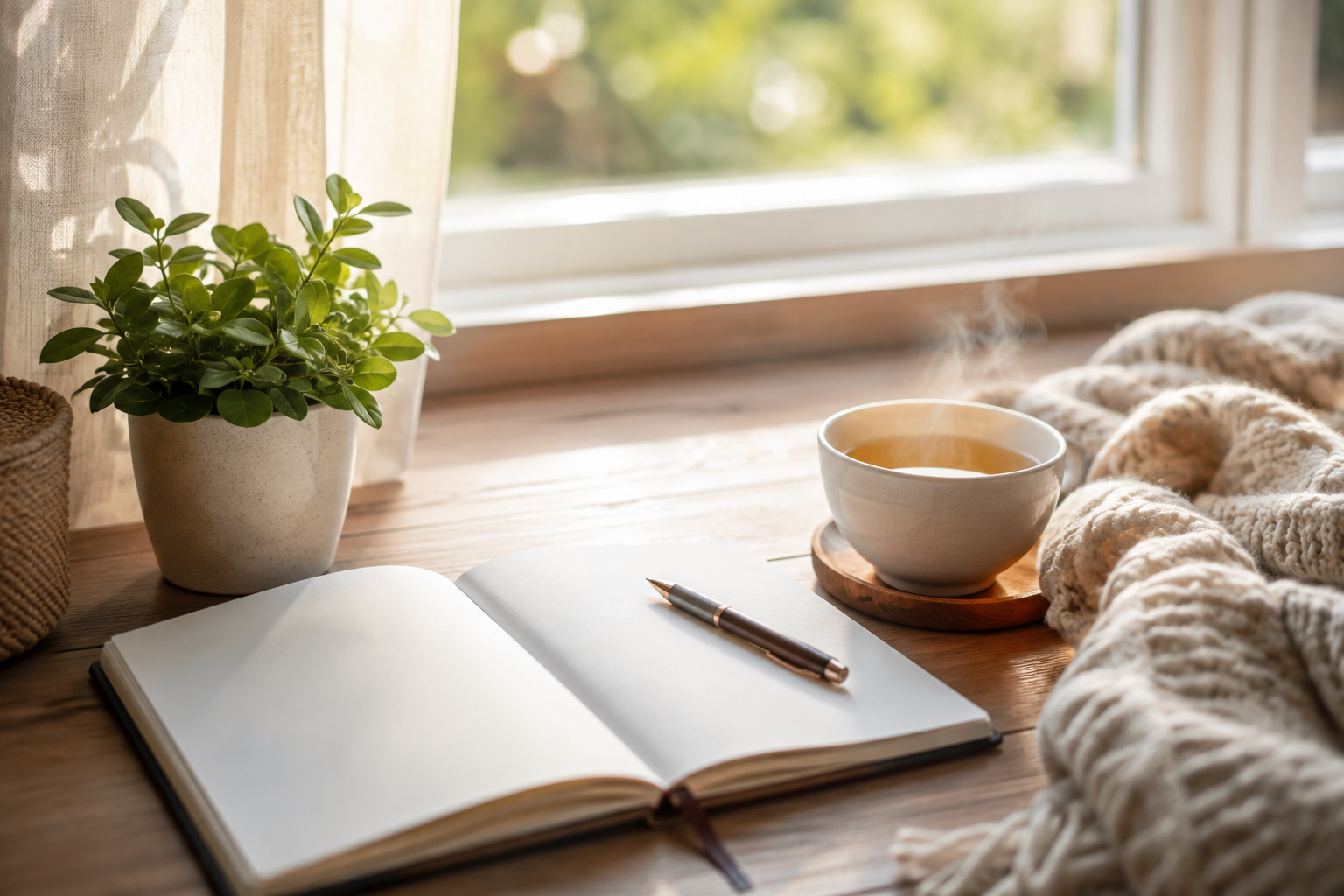Bureau apaisant avec carnet ouvert et tasse de tisane près d'une fenêtre lumineuse