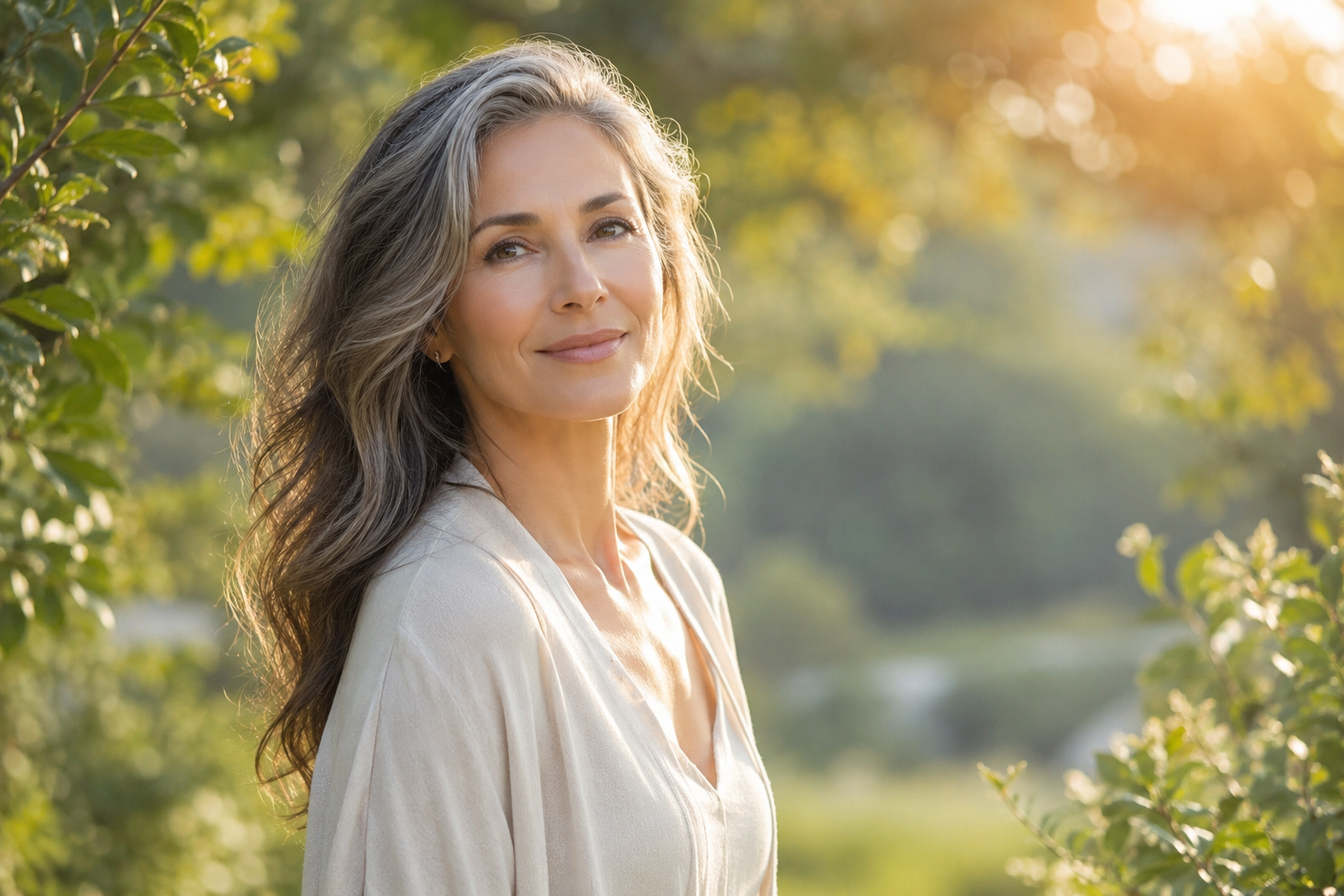 Femme d'âge mûr sereine et épanouie en pleine nature, lumière douce, symbole de bien-être pendant la périménopause
