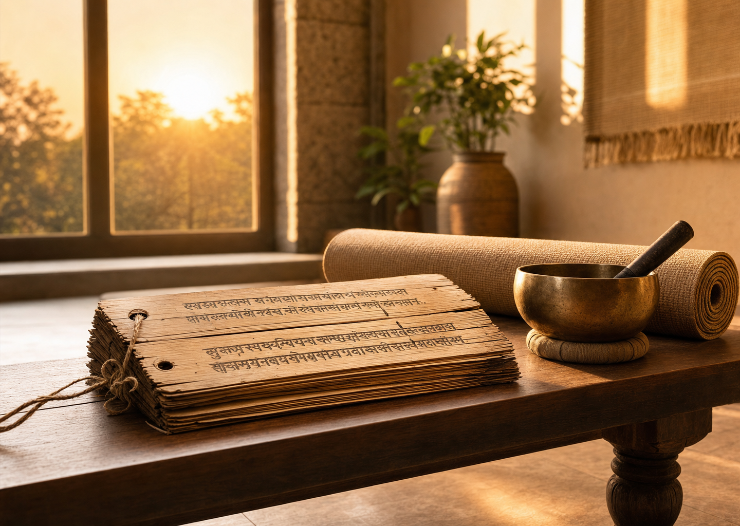 Manuscrit sanskrit ancien posé près d'une personne en posture de méditation au lever du soleil