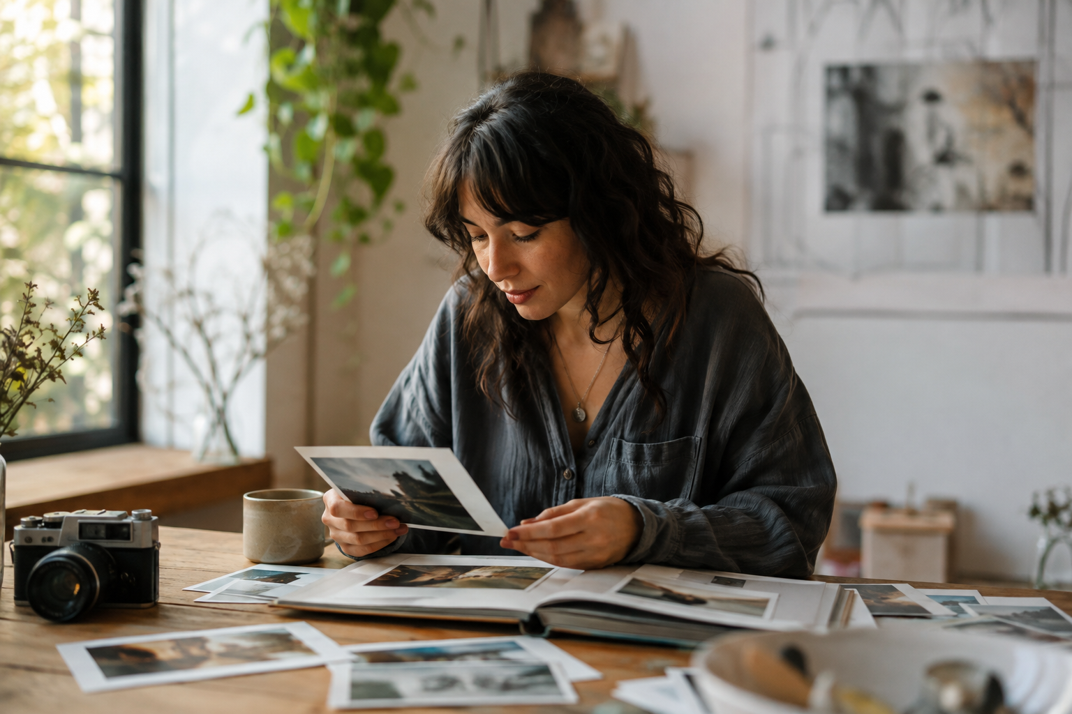 Personne feuilletant des photographies et un album dans un atelier créatif lumineux et apaisant, avec appareil photo et tirages