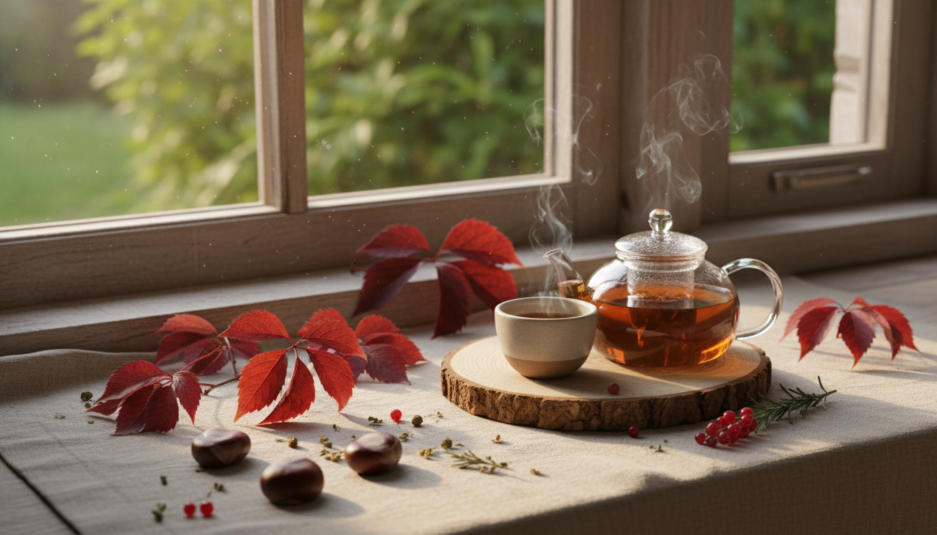 Feuilles de vigne rouge, marron d'Inde et infusion apaisante évoquant une bonne circulation sanguine et des jambes légères