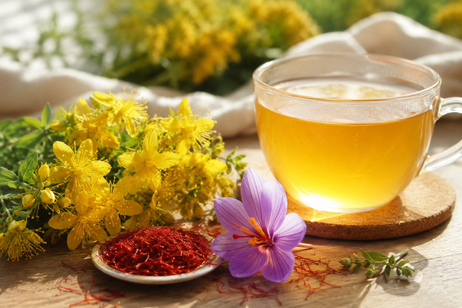 Fleurs jaunes de millepertuis, pistils de safran et tasse d'infusion apaisante dans une lumière douce