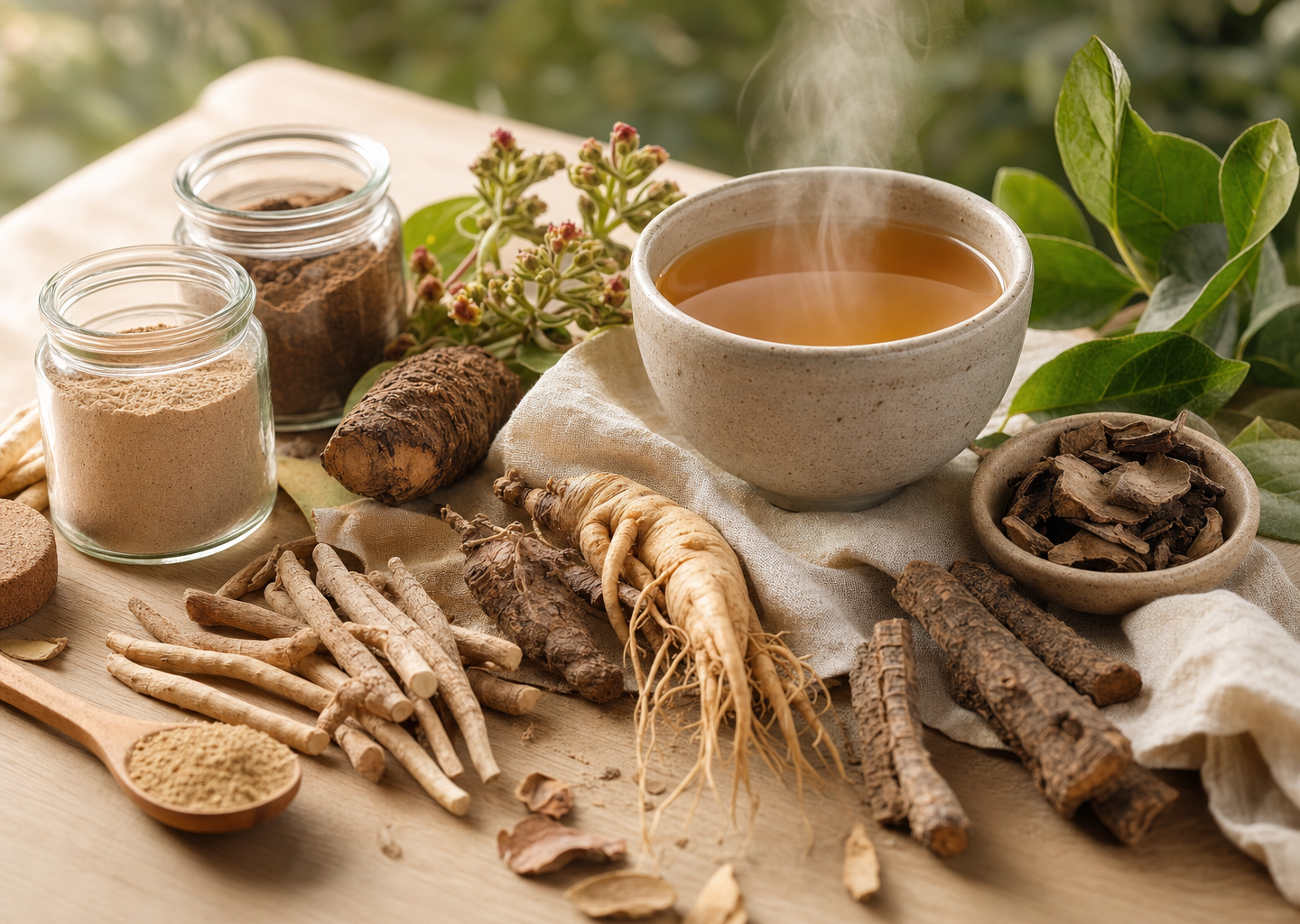 Plantes adaptogènes fraîches et séchées, racines d'ashwagandha, de rhodiola et de ginseng disposées sur une table en bois avec une tisane apaisante