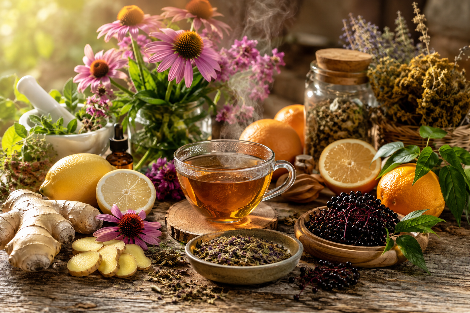 Plantes médicinales et infusions pour l'immunité : fleurs d'échinacée, gingembre, agrumes et baies de sureau sur une table en bois dans une lumière naturelle
