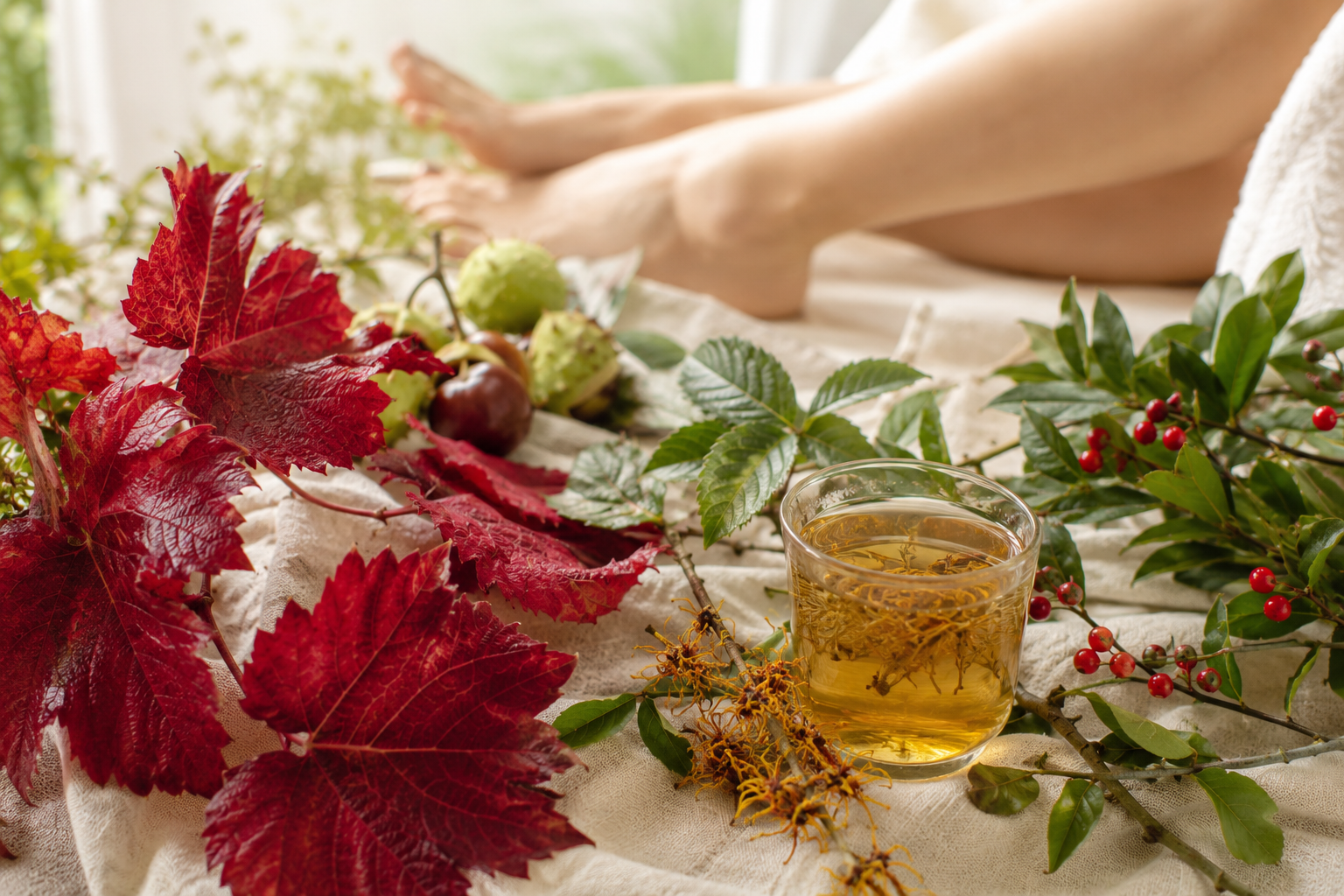 Feuilles de vigne rouge, marron d'Inde, hamamélis et petit houx, plantes veinotoniques pour le confort des jambes
