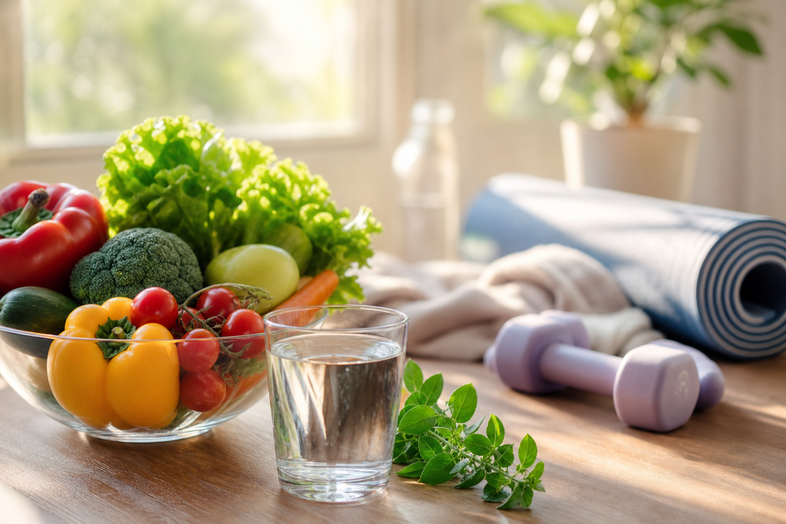 Table lumineuse avec légumes frais, eau, herbes et matériel de sport doux, symbolisant l'équilibre hormonal et le bien-être