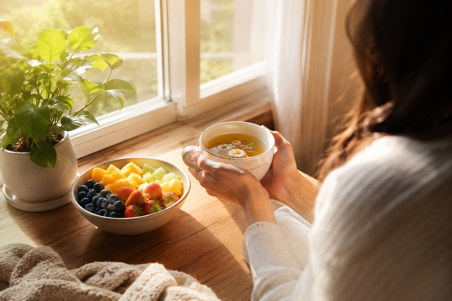 Personne apaisée assise près d'une fenêtre lumineuse, tenant une tasse de thé, dans une ambiance douce et sereine évoquant une relation apaisée à l'alimentation et aux émotions