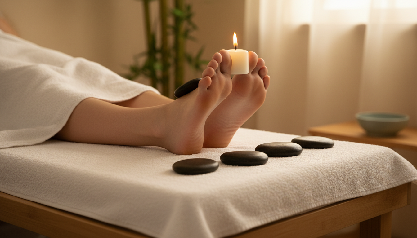 Cadre de réflexologie avec serviette blanche, pierres chaudes lisses et bougie allumée, atmosphère sereine de spa