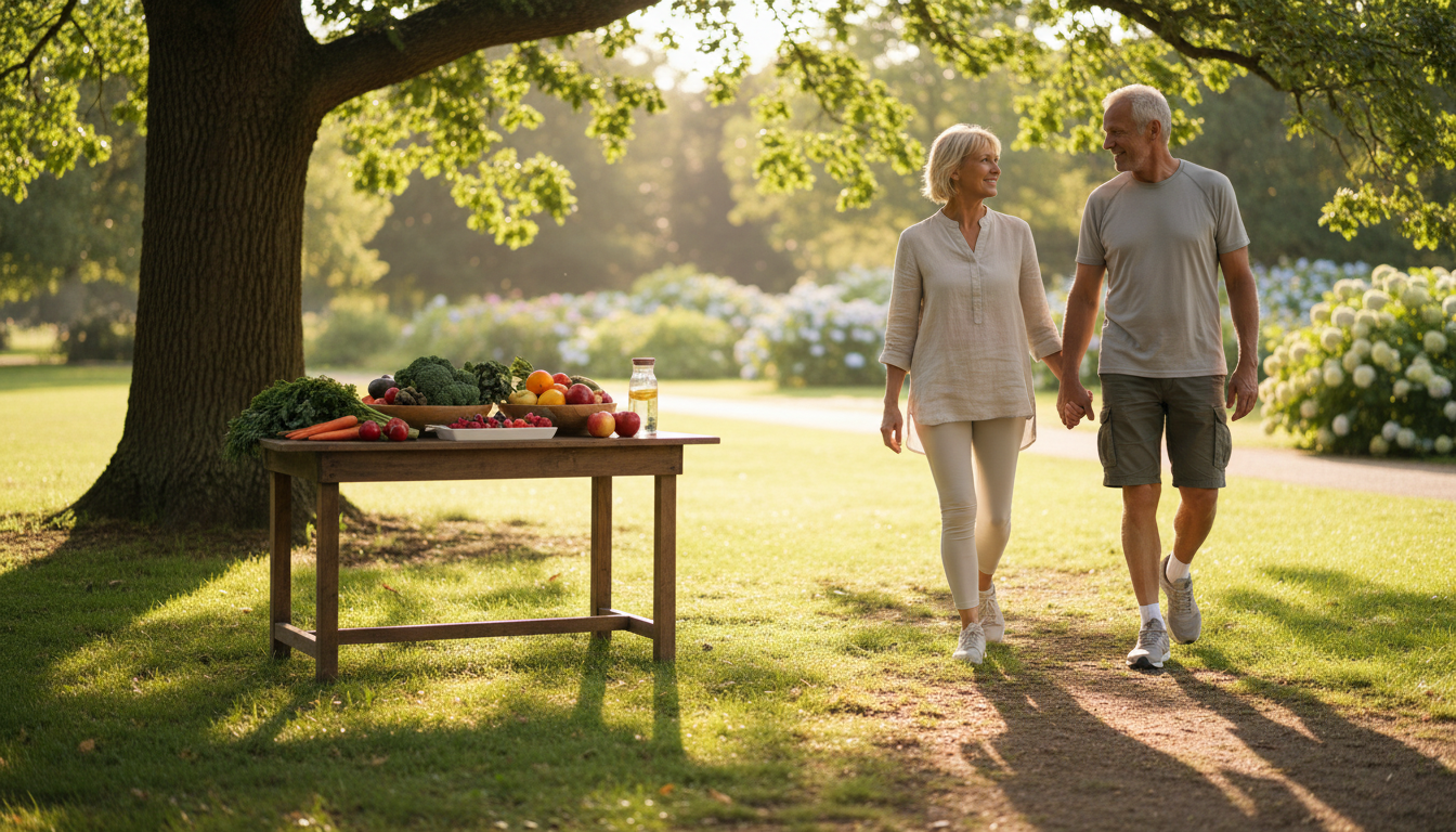 Illustration sereine évoquant la prévention des maladies liées à l'âge : couple de seniors actifs marchant en plein air et alimentation saine