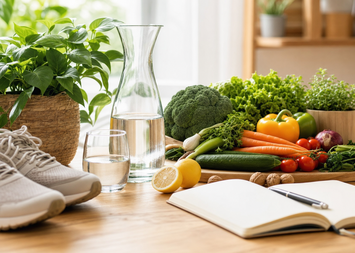 Nature morte lumineuse sur une table en bois : légumes frais, carafe d'eau, chaussures de marche, carnet et plante verte, symbolisant les principes d'hygiène de vie de la naturopathie.