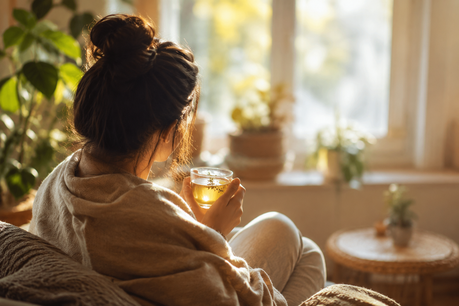 Personne apaisée assise près d'une fenêtre ensoleillée, enveloppée d'une couverture et tenant une tasse chaude, évoquant le lien entre émotions et douleur chronique
