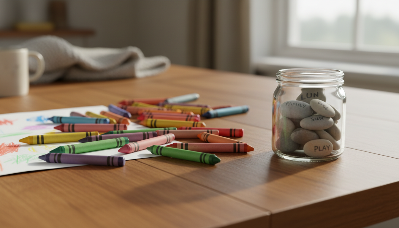 Crayons de couleur et bocal de galets de gratitude sur une table familiale en bois, lumière chaleureuse de maison