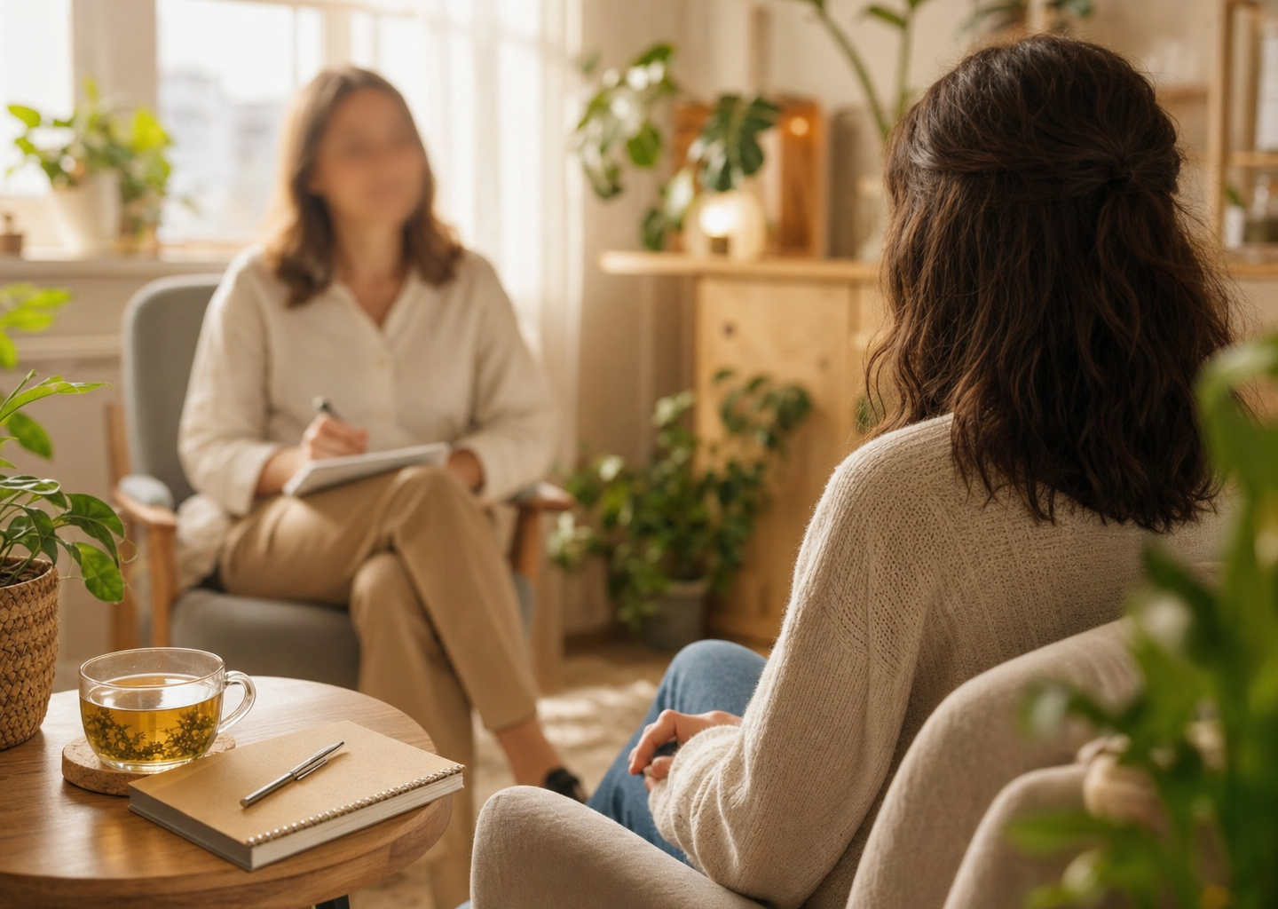 Personne échangeant avec un professionnel dans un cabinet de consultation chaleureux et apaisant, lumière naturelle douce