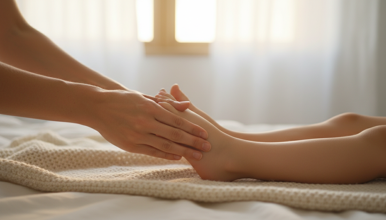 Mains douces effleurant le pied d'un jeune enfant sur une couverture, ambiance sereine et rassurante