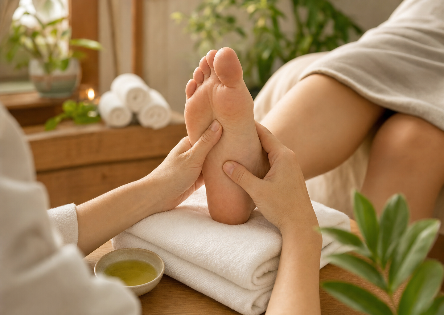 Séance de réflexologie plantaire apaisante : mains du praticien exerçant une pression sur le pied posé sur une serviette