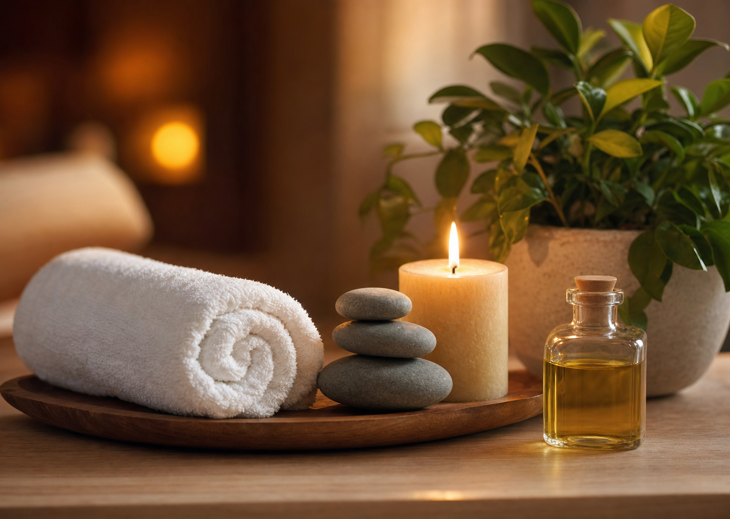 Ambiance spa apaisante du soir : serviette roulée, galets de massage, bougie, huile et plante verte sur un plan clair en lumière tamisée