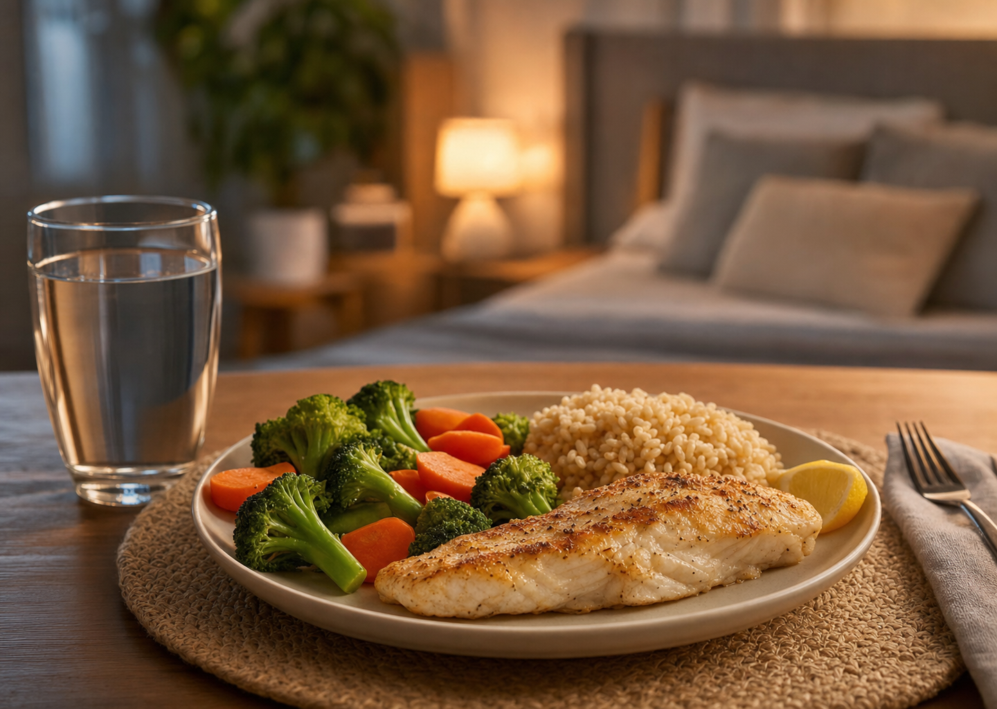 Table de dîner léger et équilibré en début de soirée avec un verre d'eau, tête de lit surélevée suggérée en arrière-plan, illustrant les mesures naturelles contre le reflux gastrique et le RGO
