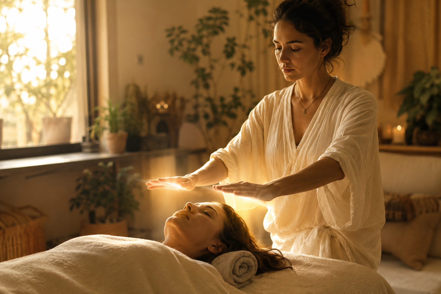 Séance de Reiki paisible : mains du praticien en soin énergétique doux, lumière chaleureuse et atmosphère de sérénité