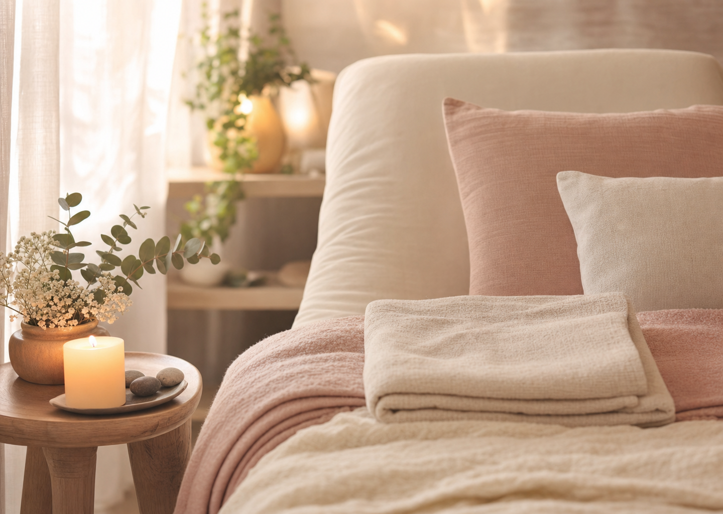 Coin détente cocooning aux tons doux et lumière tamisée, bougie, eucalyptus et coussins moelleux, évoquant un moment de relaxation apaisant pendant la grossesse