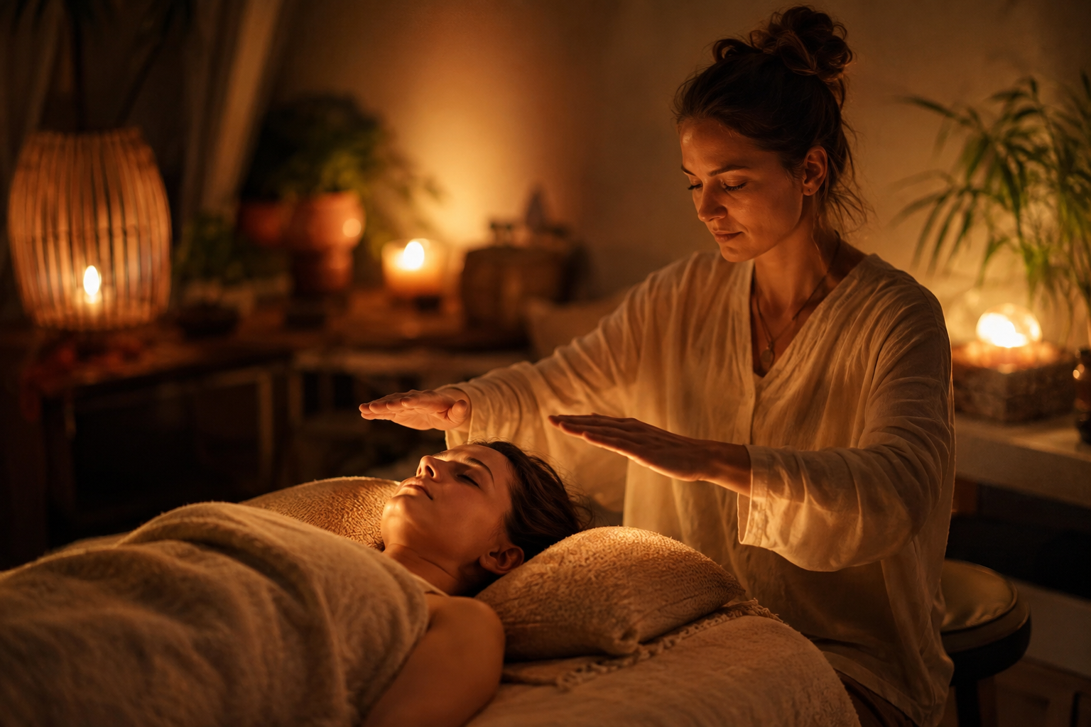 Séance de Reiki apaisante au coucher, mains en soin doux dans une ambiance nocturne chaleureuse