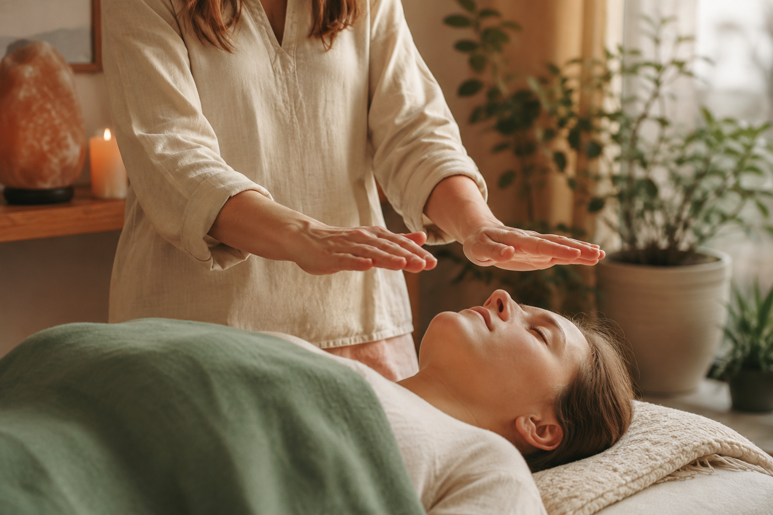 Séance de Reiki apaisante, mains bienveillantes au-dessus d'une personne détendue dans une pièce à la lumière douce