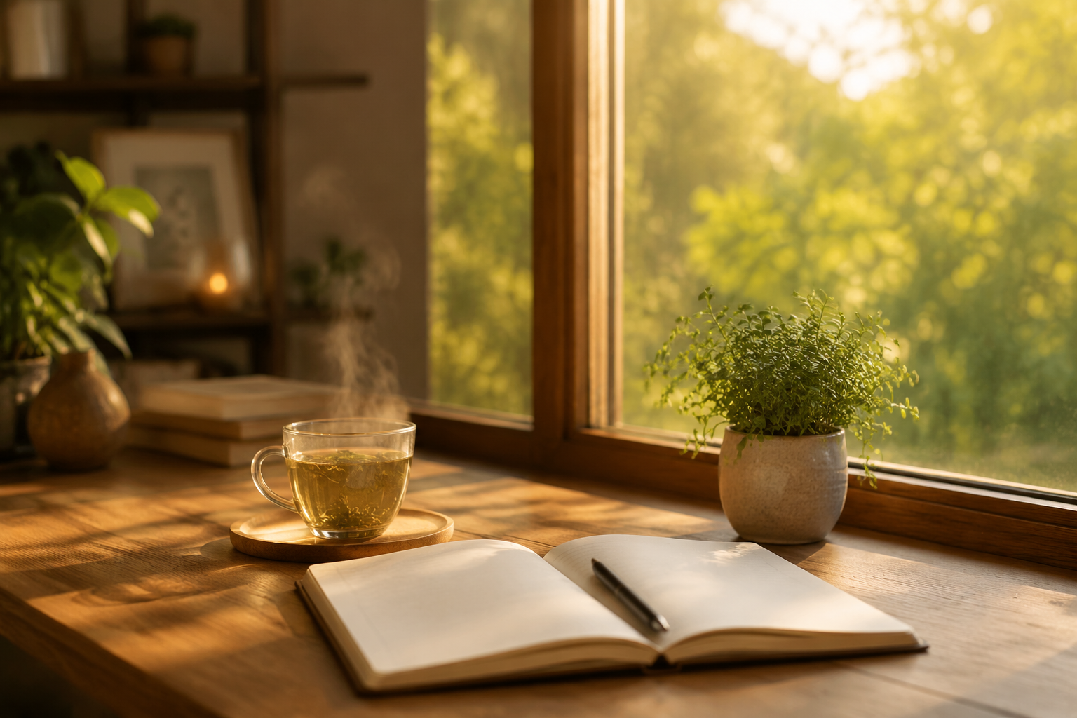 Bureau en bois baigné de lumière matinale avec un carnet ouvert, un stylo et une tasse de tisane, ambiance apaisante propice à la réflexion