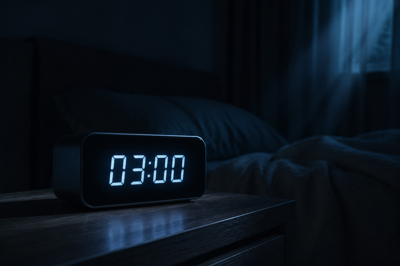 Réveil digital affichant 03:00 sur une table de nuit en bois, chambre plongée dans une pénombre bleutée traversée par un rai de lune, atmosphère nocturne silencieuse évoquant le réveil de 3 heures du matin