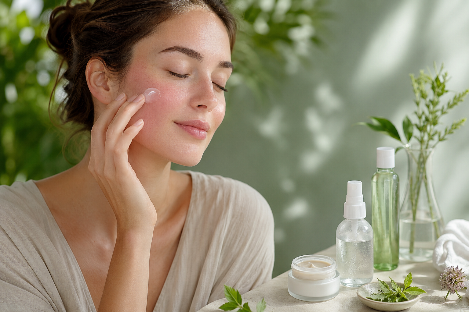 Femme au teint apaisé appliquant un soin doux et de l eau thermale sur une peau sujette aux rougeurs