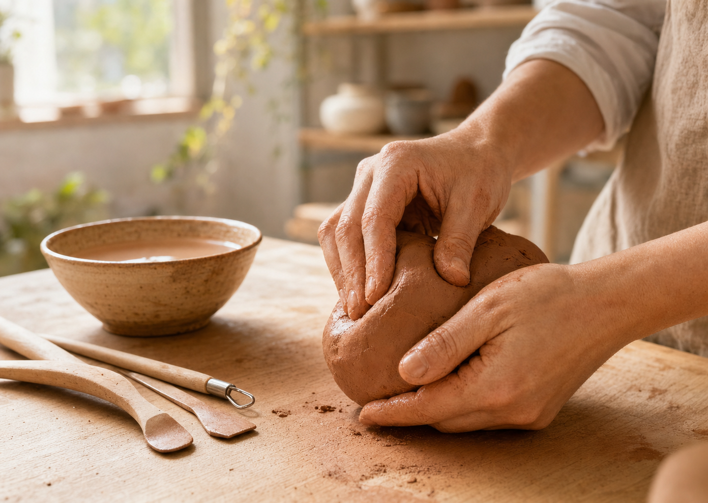 Mains modelant une boule d'argile fraîche sur une table en bois dans un atelier d'art-thérapie baigné de lumière naturelle