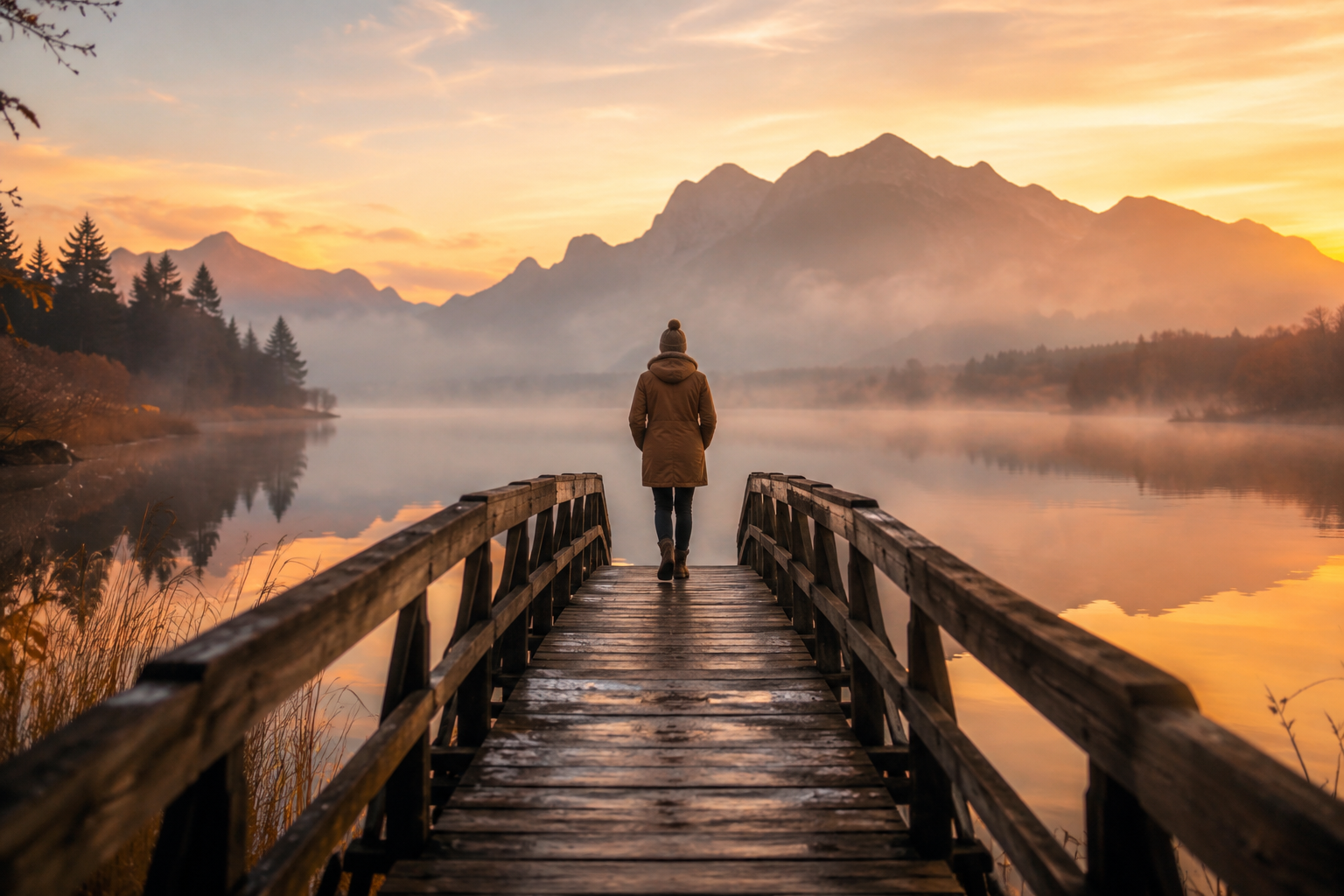 Personne prenant du recul sur une passerelle en bois au-dessus d'un lac paisible au coucher du soleil