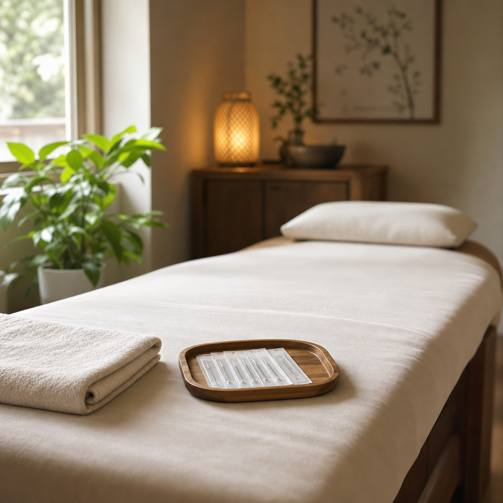 Cabinet d'acupuncture apaisant avec table de soin et aiguilles stériles à usage unique