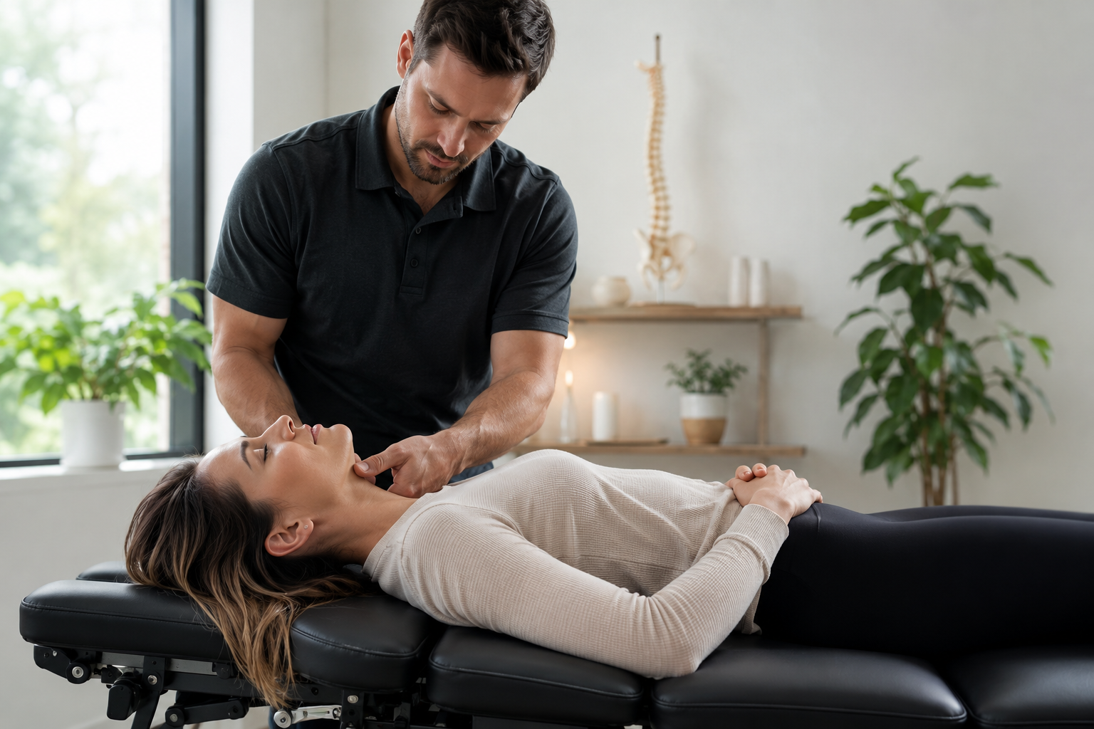 Séance de chiropraxie dans un cabinet apaisant : praticien et patient sereins