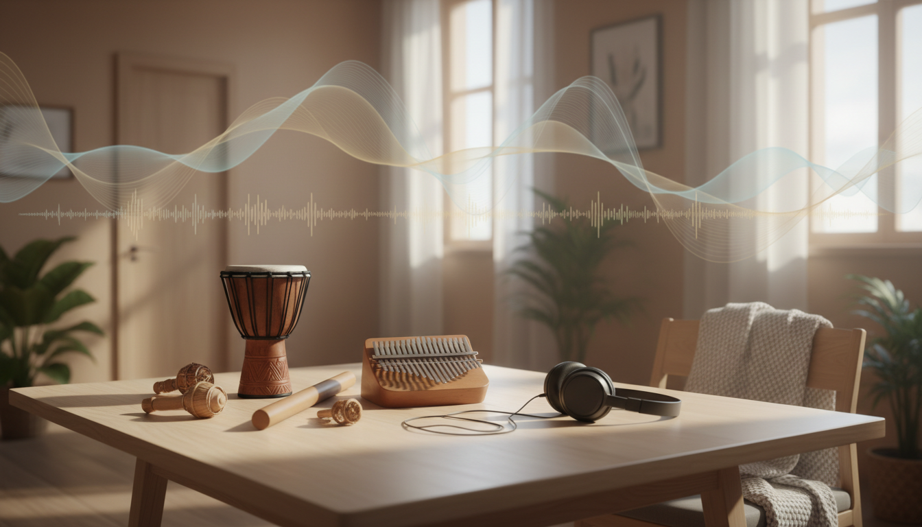 Instruments de percussion, kalimba et casque audio posés sur une table en bois dans une pièce calme et lumineuse, évoquant une séance de musicothérapie