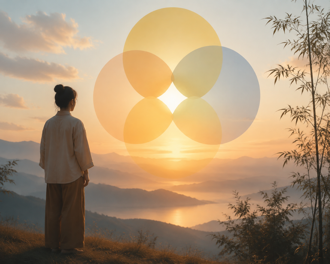 Illustration sereine d'une personne au lever du soleil symbolisant l'ikigai et la recherche de sens