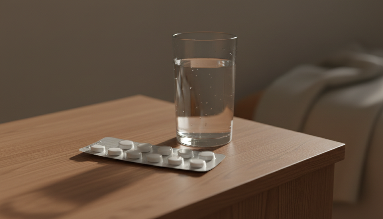 Plaquette de comprimés posée sur une table de chevet à côté d'un verre d'eau dans une lumière sobre de fin de journée, évoquant la question des somnifères et du sommeil