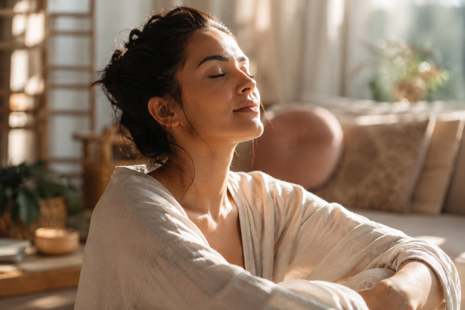 Personne sereine en relaxation, apaisement face aux acouphènes