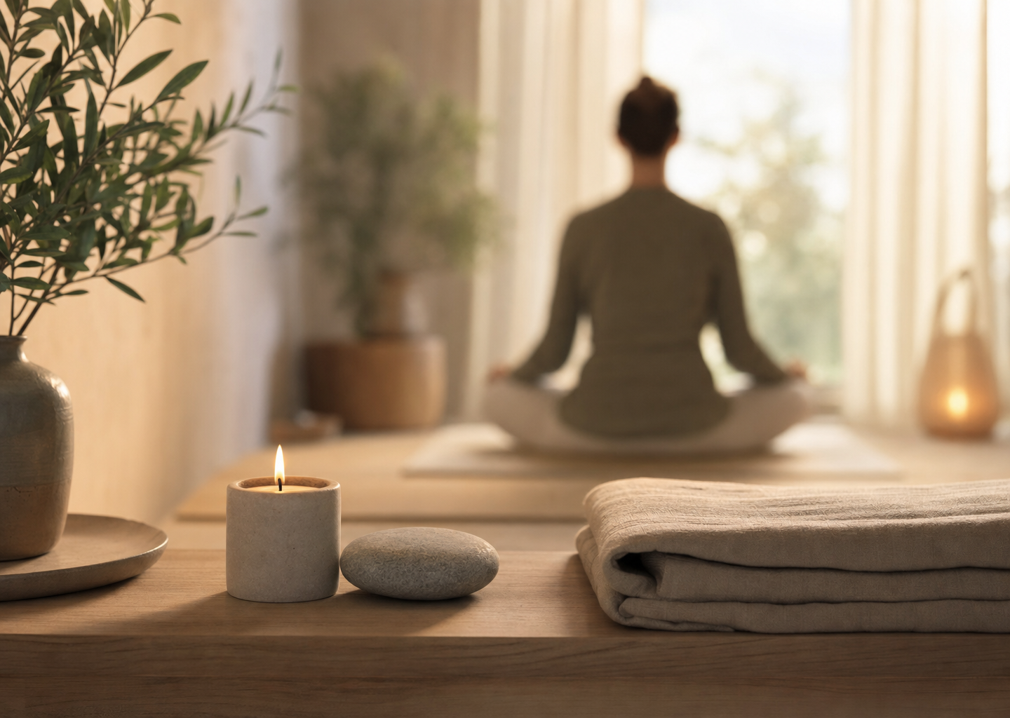 Bougie allumée et galet posé sur un banc de méditation en bois clair dans une pièce apaisante, évoquant la relaxation en sophrologie