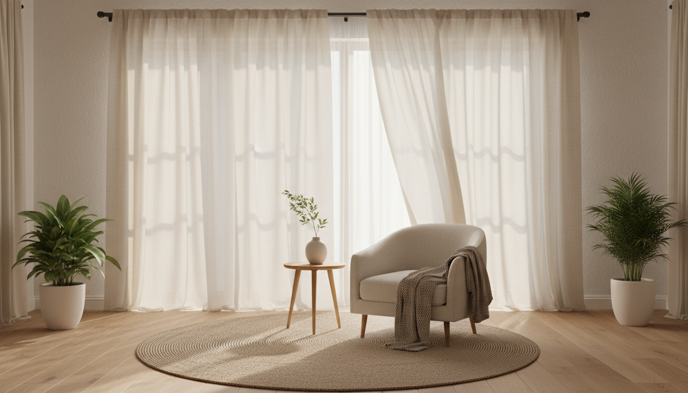 Pièce minimaliste sereine avec fauteuil confortable et rideaux légers dans une brise douce, atmosphère lumineuse et paisible