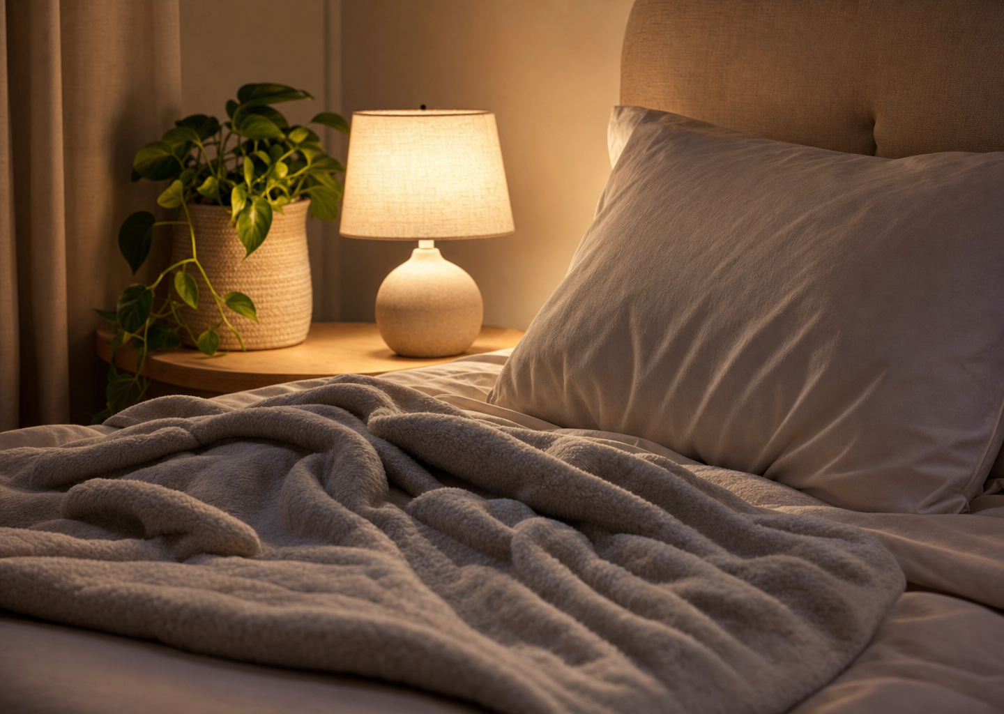 Chambre sereine au crépuscule avec coussin et plaid moelleux sur un lit, lumière tamisée et plante verte, atmosphère propice au sommeil