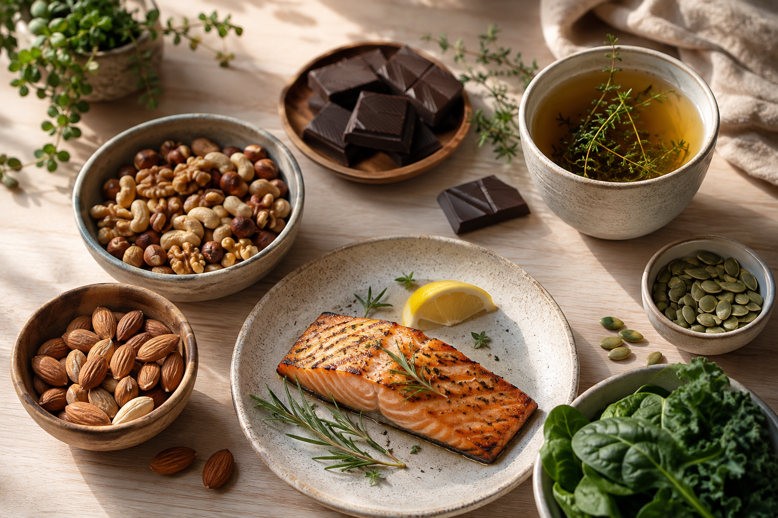 Aliments apaisants anti-stress : oléagineux, poisson gras, chocolat noir et tisane sur une table sereine