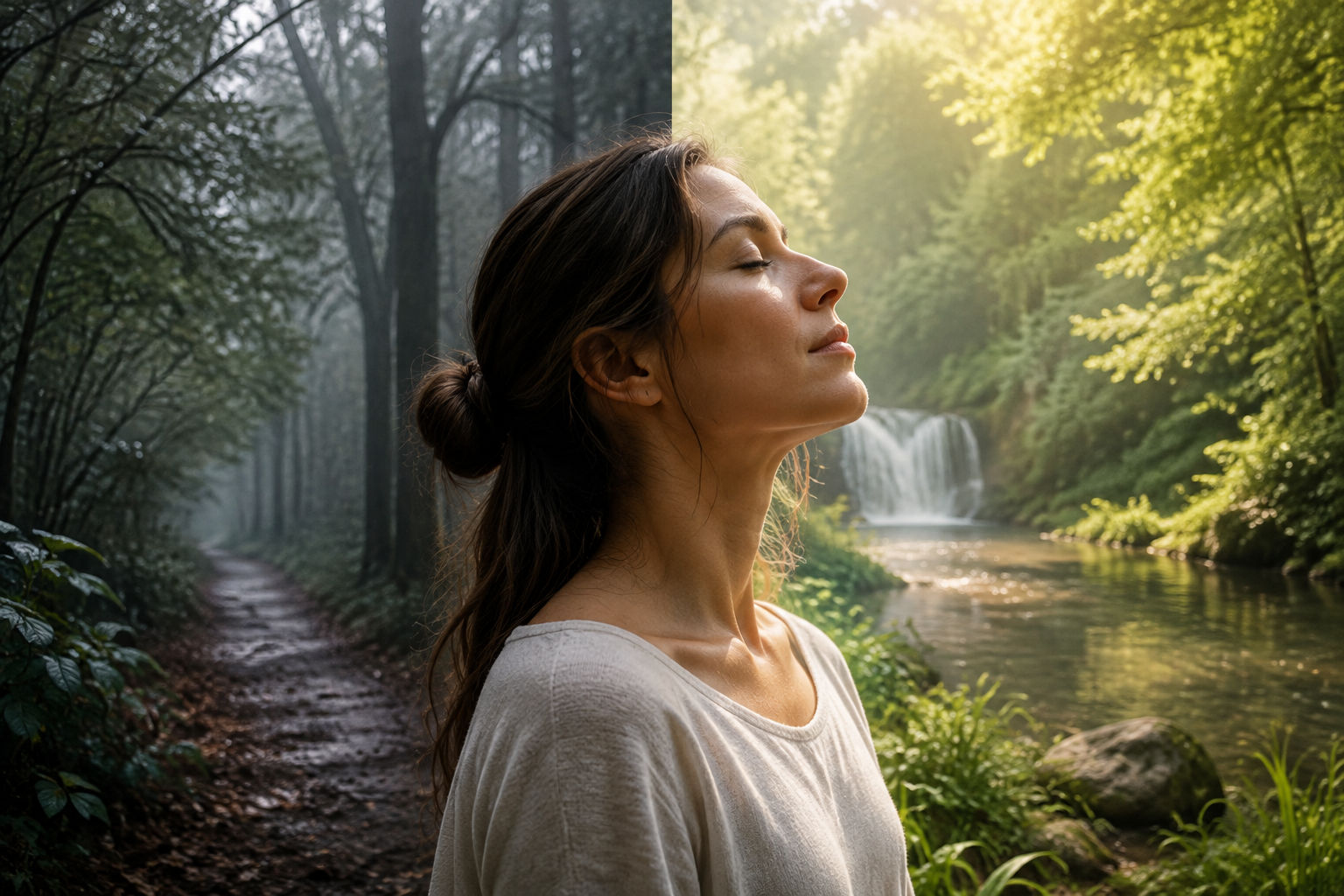 Illustration apaisante évoquant le contraste entre tension et détente, respiration et nature ressourçante pour la gestion du stress