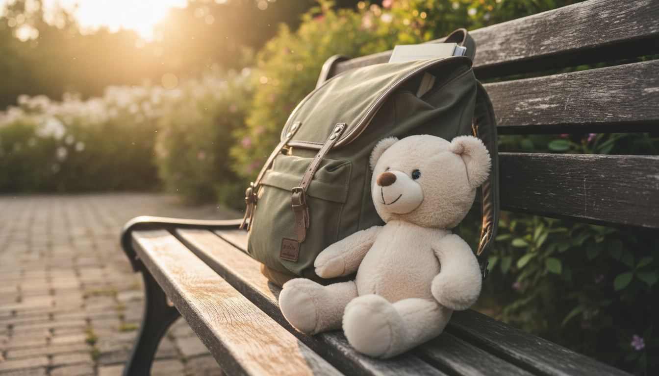 Cartable et ours en peluche posés sur un banc en bois dans une douce lumière du soir, ambiance tendre et protectrice