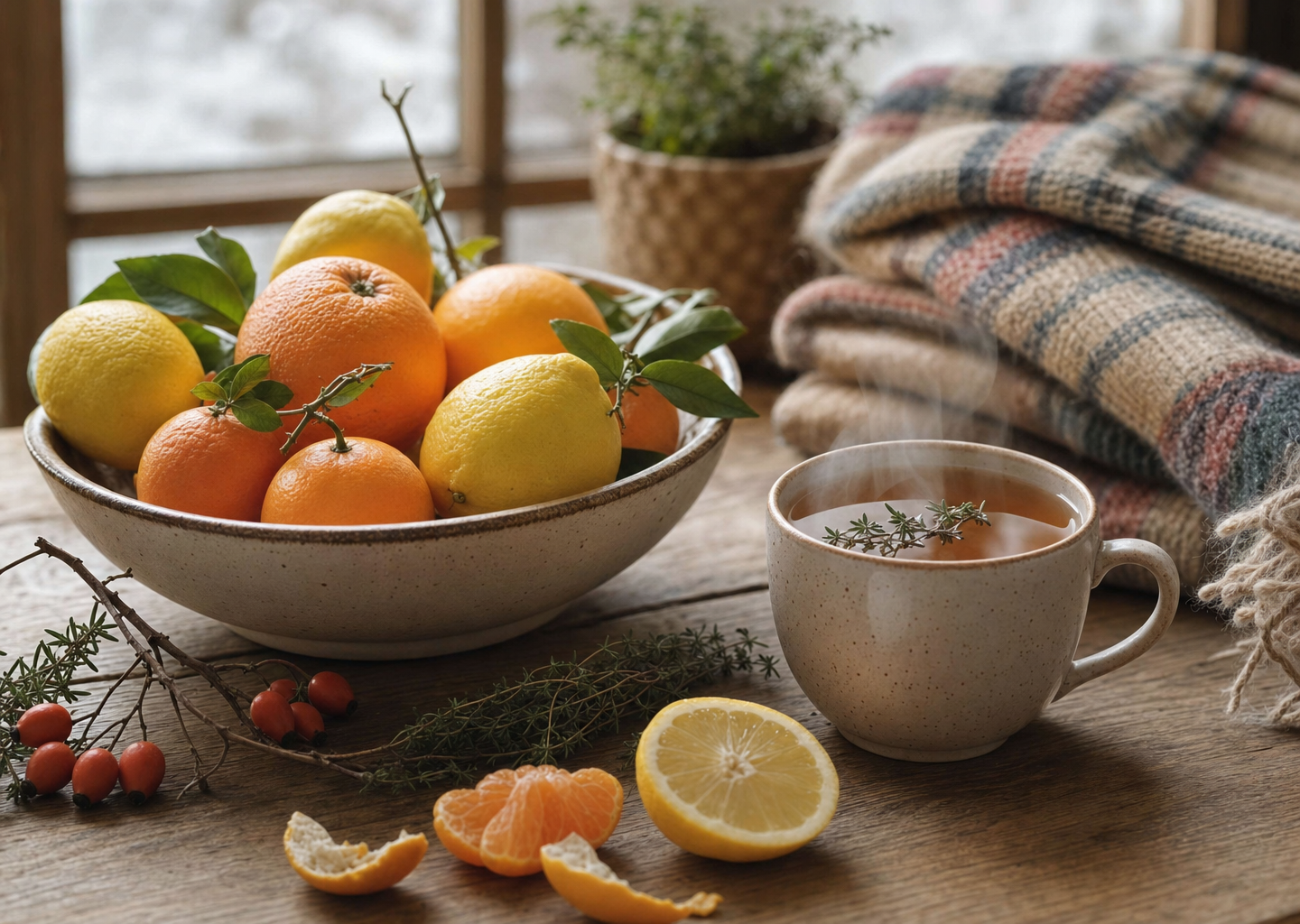 Nature morte apaisante avec agrumes riches en vitamine C, tisane et plaid, symbole de défenses immunitaires naturelles face au stress