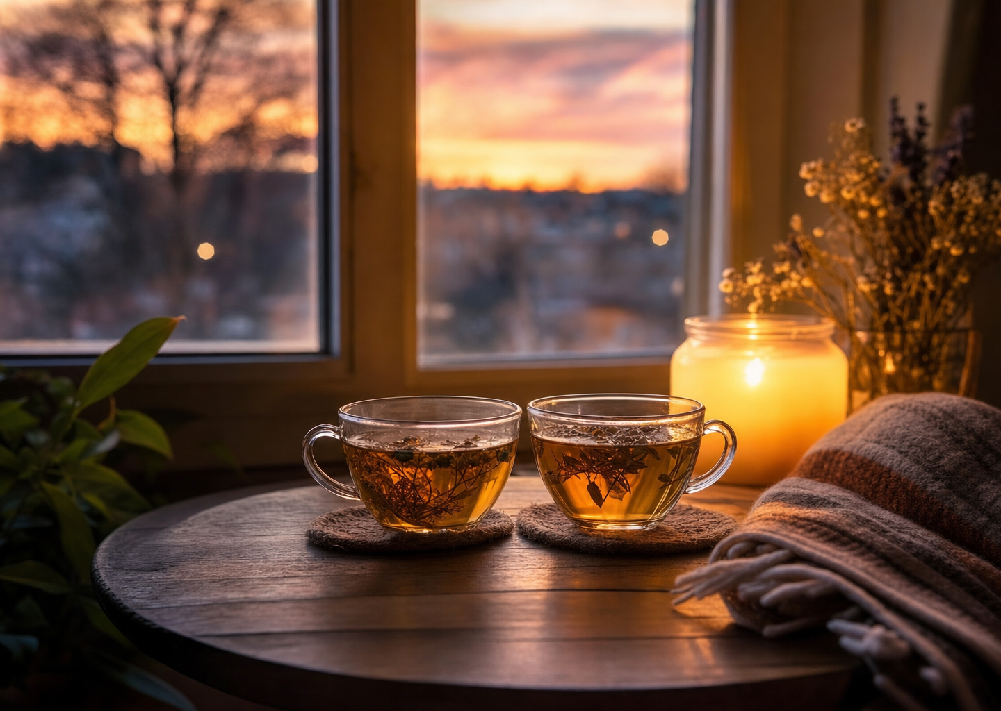 Deux tasses de thé côte à côte près d'une fenêtre au crépuscule, plaid et bougie, ambiance tendre et apaisée évoquant l'intimité et la détente