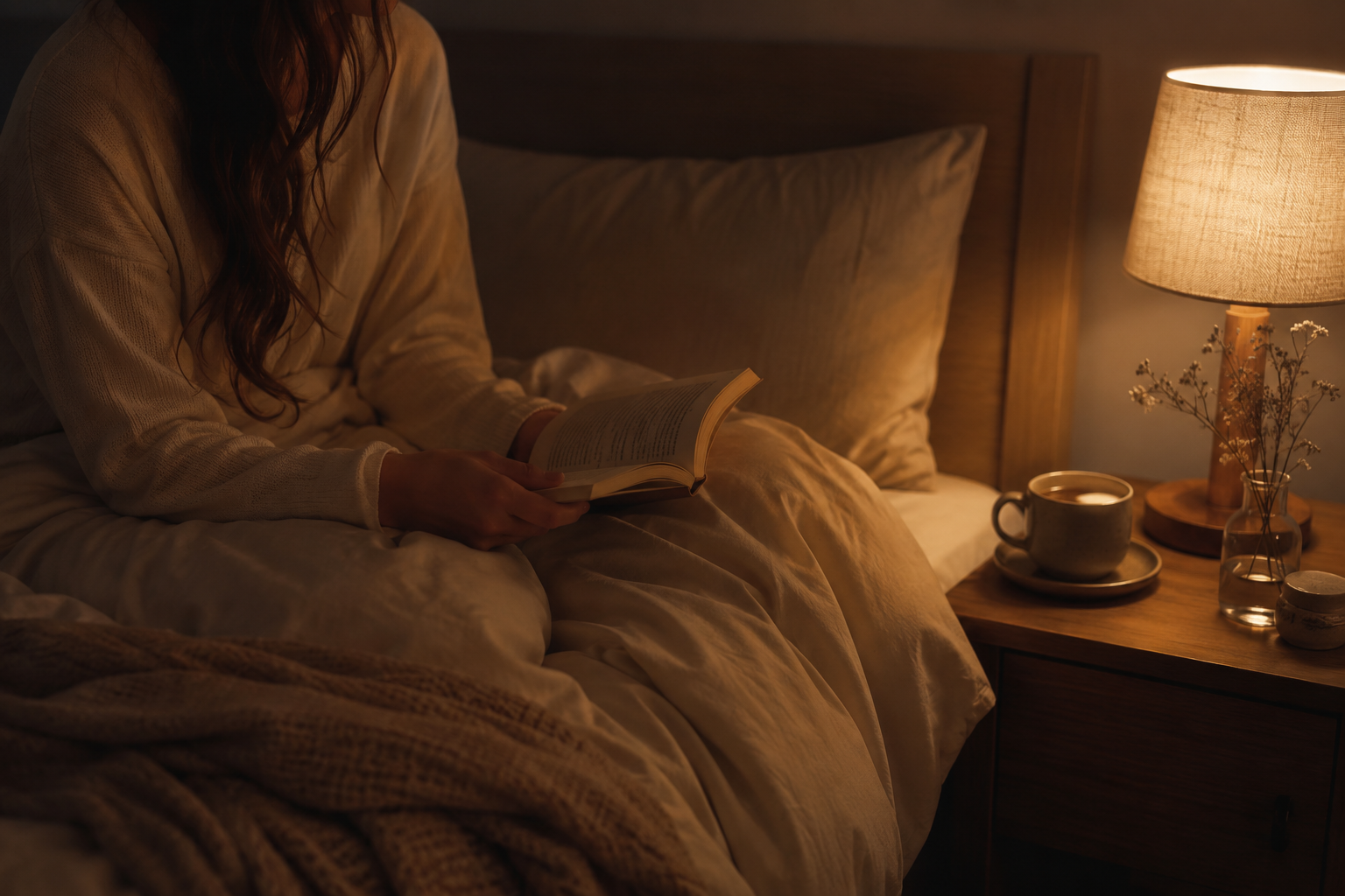 Chambre chaleureuse et apaisante la nuit, ambiance propice à la détente avant le sommeil