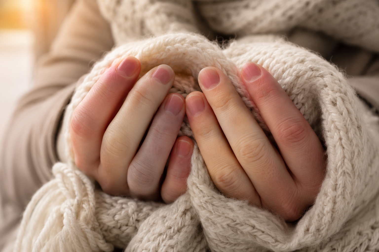Deux mains aux doigts partiellement blanchis par le froid, réchauffées dans une écharpe de laine, illustrant le syndrome de Raynaud