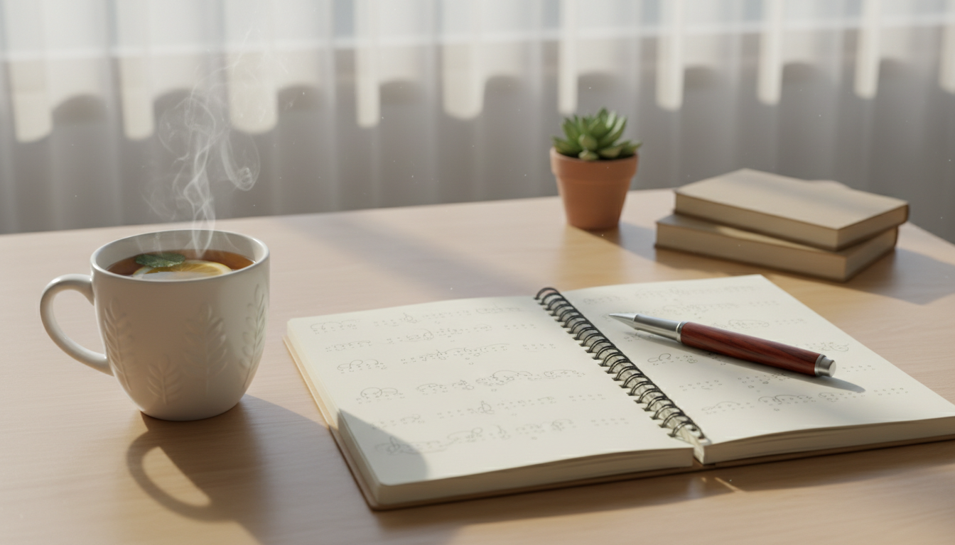 Carnet ouvert avec un stylo sur une table en bois clair près d'une fenêtre au petit matin, tasse de tisane fumante, ambiance méthodique et apaisante évoquant l'agenda du sommeil de la TCC-I
