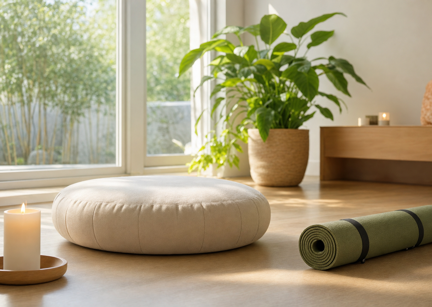 Coin détente épuré avec coussin de méditation, tapis de yoga, bougie et plante verte près d'une fenêtre lumineuse, ambiance calme propice à la respiration