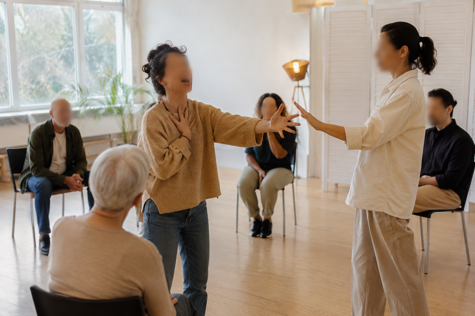 Petit groupe d'adultes en atelier de théâtre thérapeutique dans une salle lumineuse, un participant exprime une émotion par le geste et la voix pendant qu'un praticien bienveillant accompagne la scène