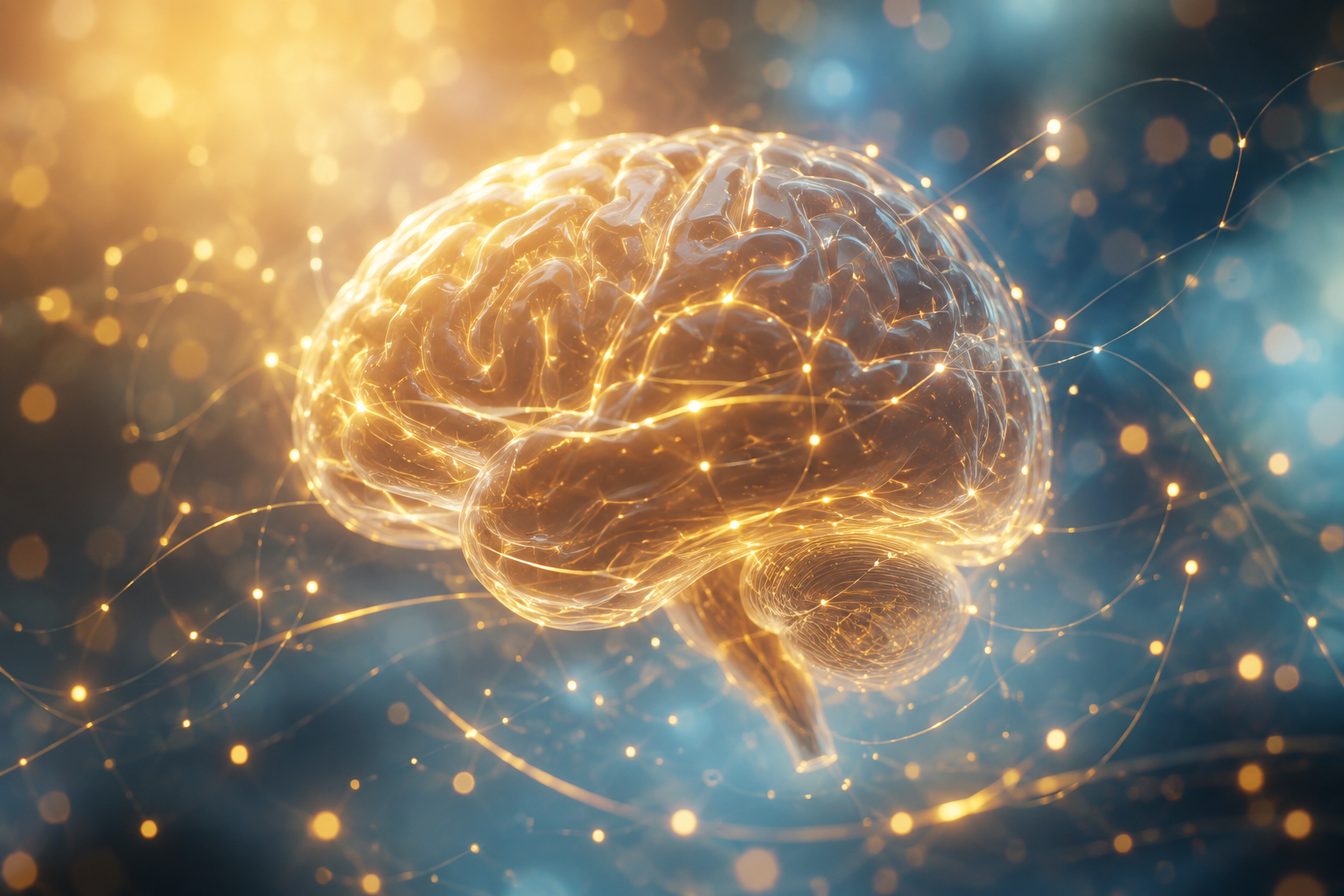 Représentation lumineuse et abstraite d un cerveau relié à des fils de lumière symbolisant les pensées et la neuroplasticité en thérapie cognitivo-comportementale